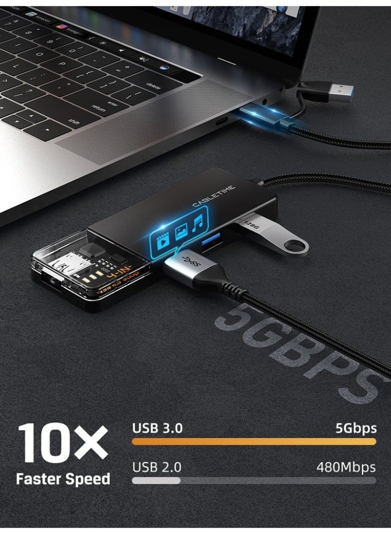 CABLETIME USB TYPE C TO 4 PORT USB 3.0 HUB 5GBPS COMPATIBLE WITH MAC WITH TYPE C TO USB ADAPTER - Image 4